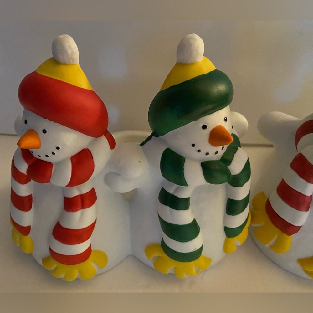 2 Partylite Snowmn Candle Holders Red green hats scarves Carrot nose black - Picture 4 of 6
